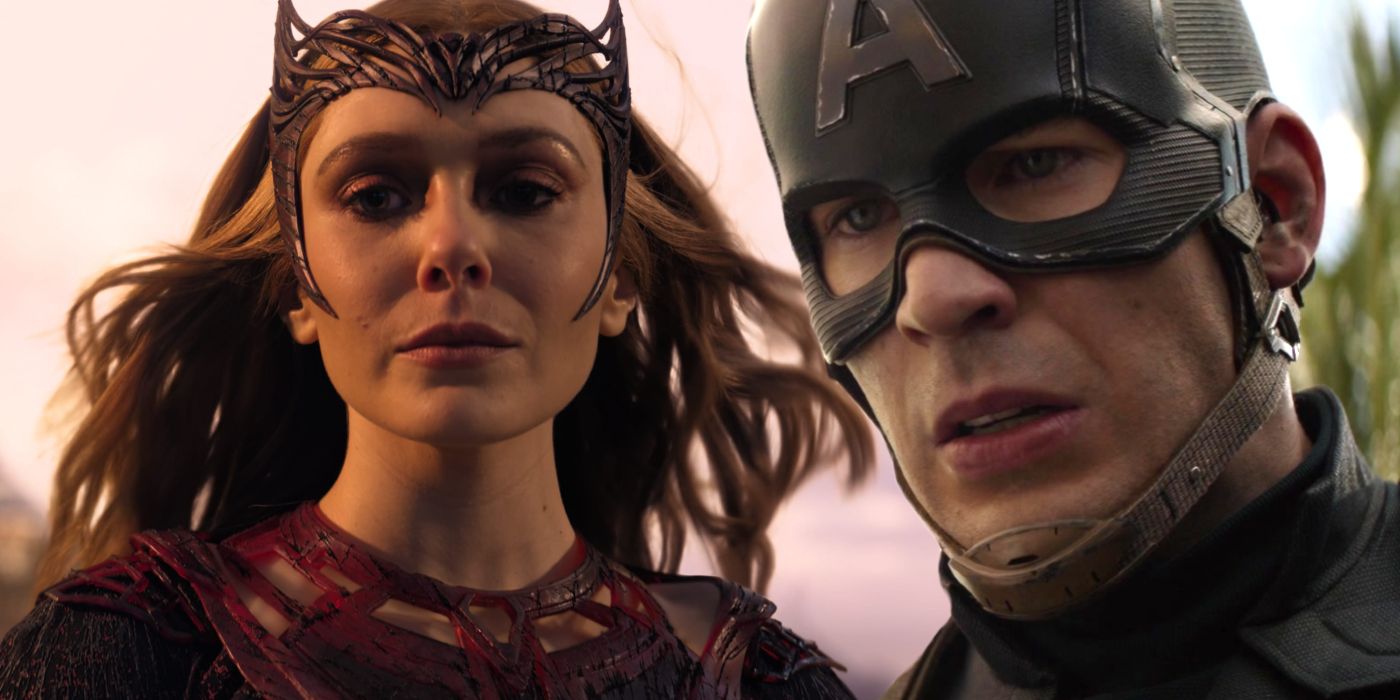 Split image of Elizabeth Olsen as the Scarlet Witch in Doctor Strange in the Multiverse of Madness and Chris Evans as Captain America in Captain America: Civil War