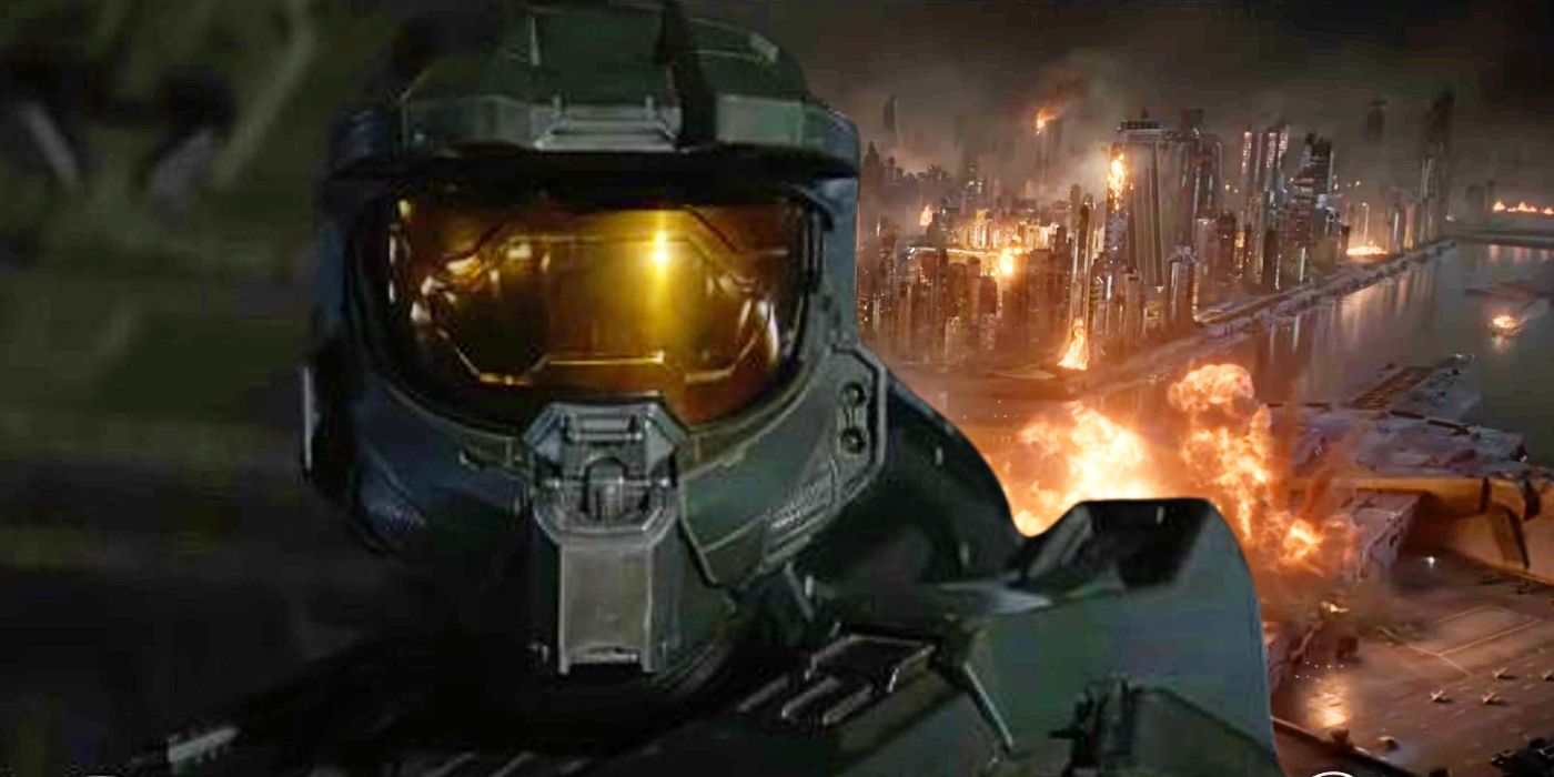 Master Chief juxtaposed with the city of Reach burning in Halo season 2