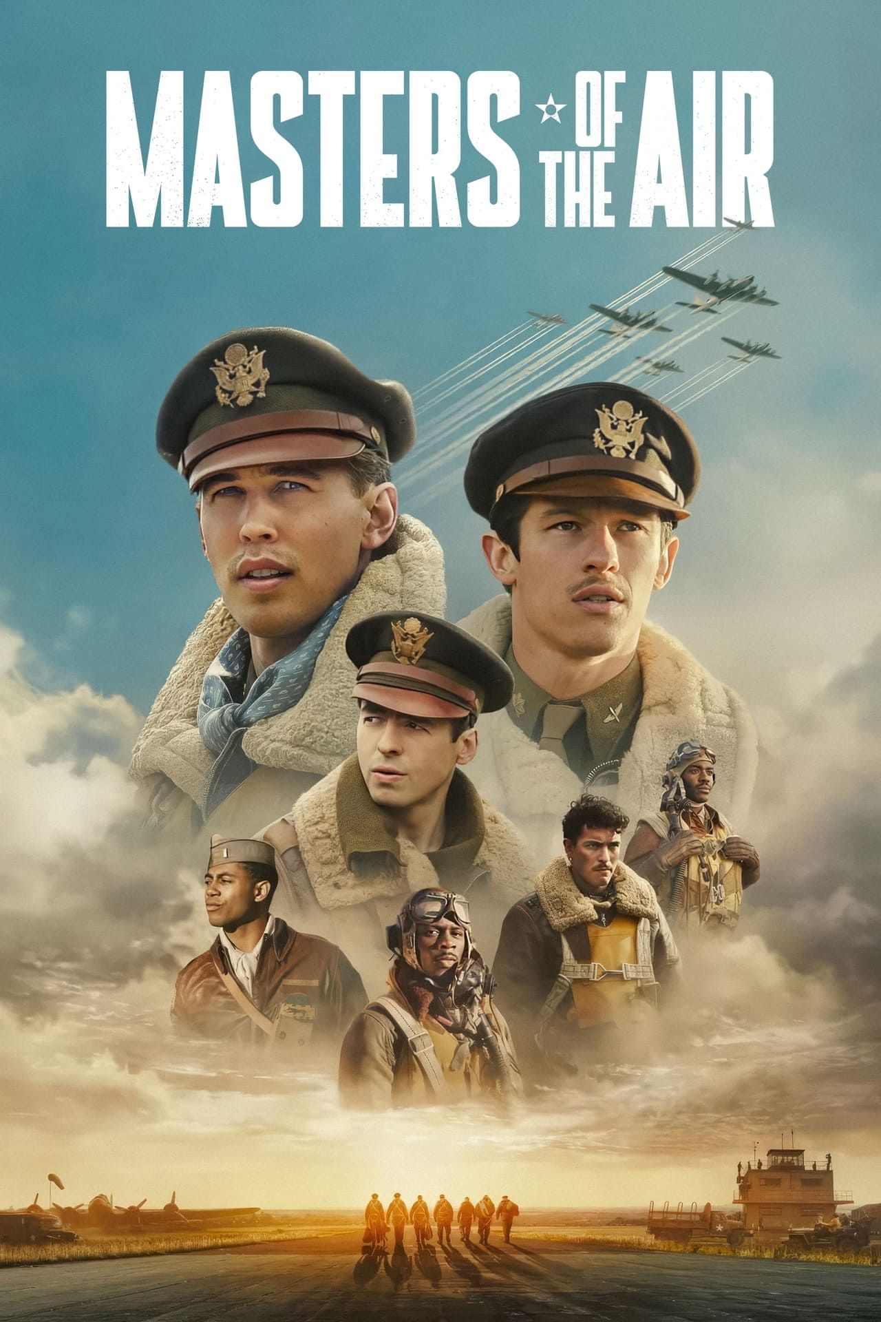 Cartaz do programa de TV Masters of the Air mostrando Austin Butler e vários pilotos aéreos em uniformes da Segunda Guerra Mundial