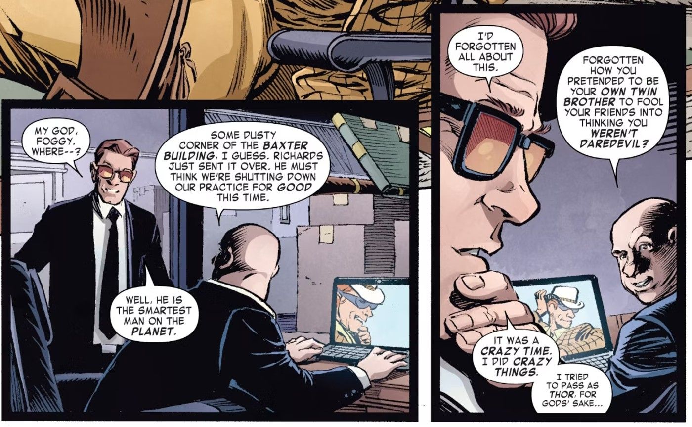 Comic book panels: Matt Murdock and Foggy Nelson discuss Matt&rsquo;s fake twin brother.