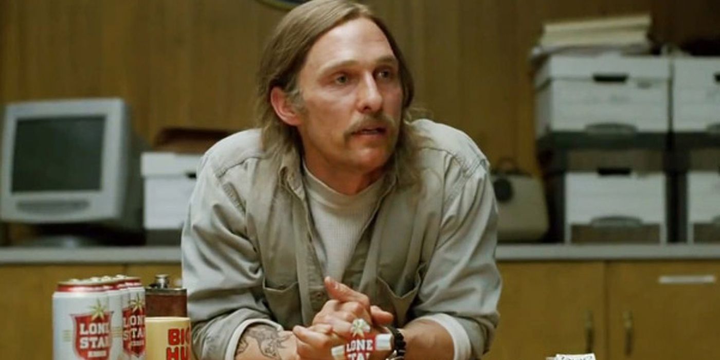Matthew McConaghey with long hair and a mustache as Rust Cohle in True Detective season 1