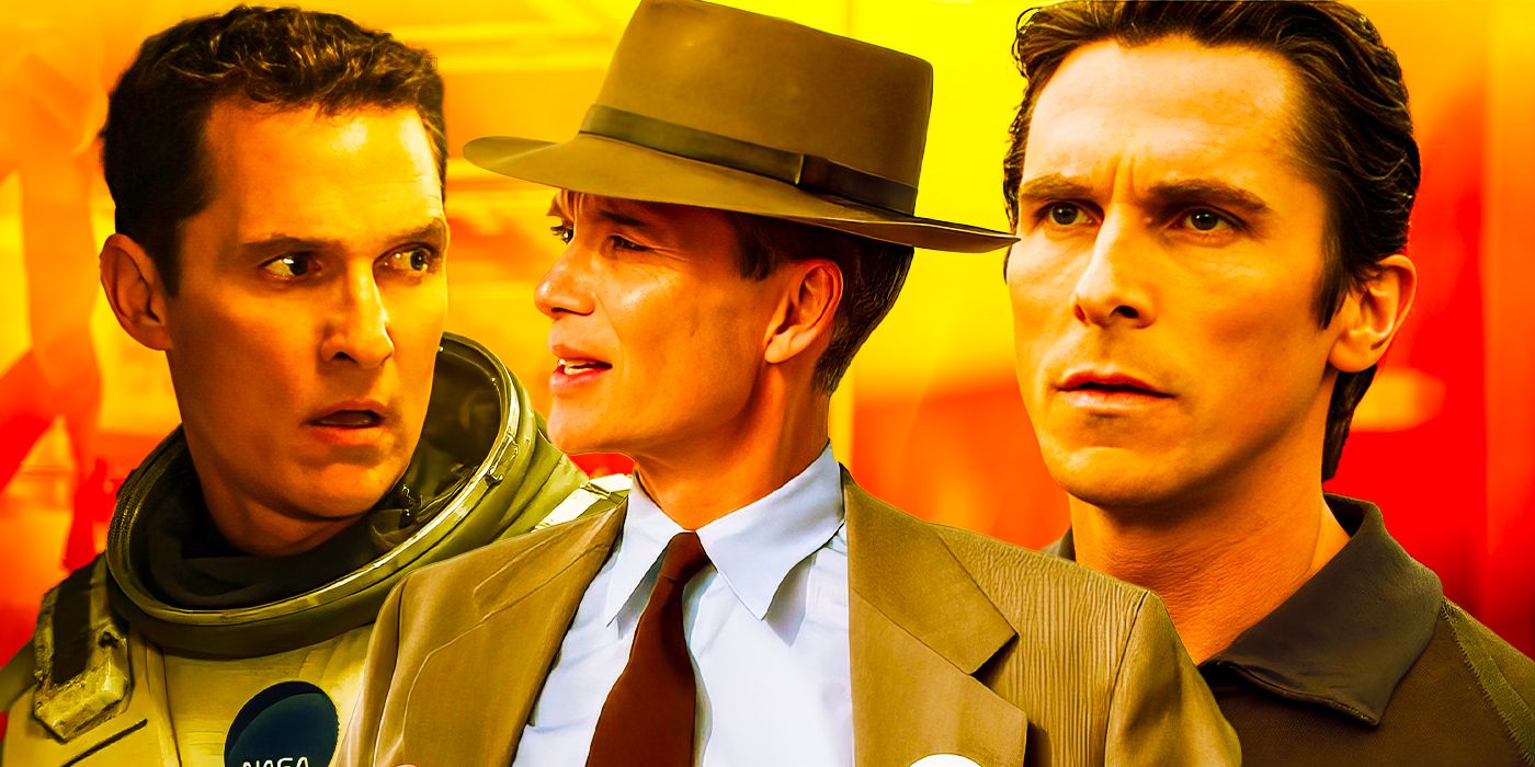 Matthew McConaughey in Interstellar, Cillian Murphy in Oppenheimer, and Christian Bale in The Dark Knight