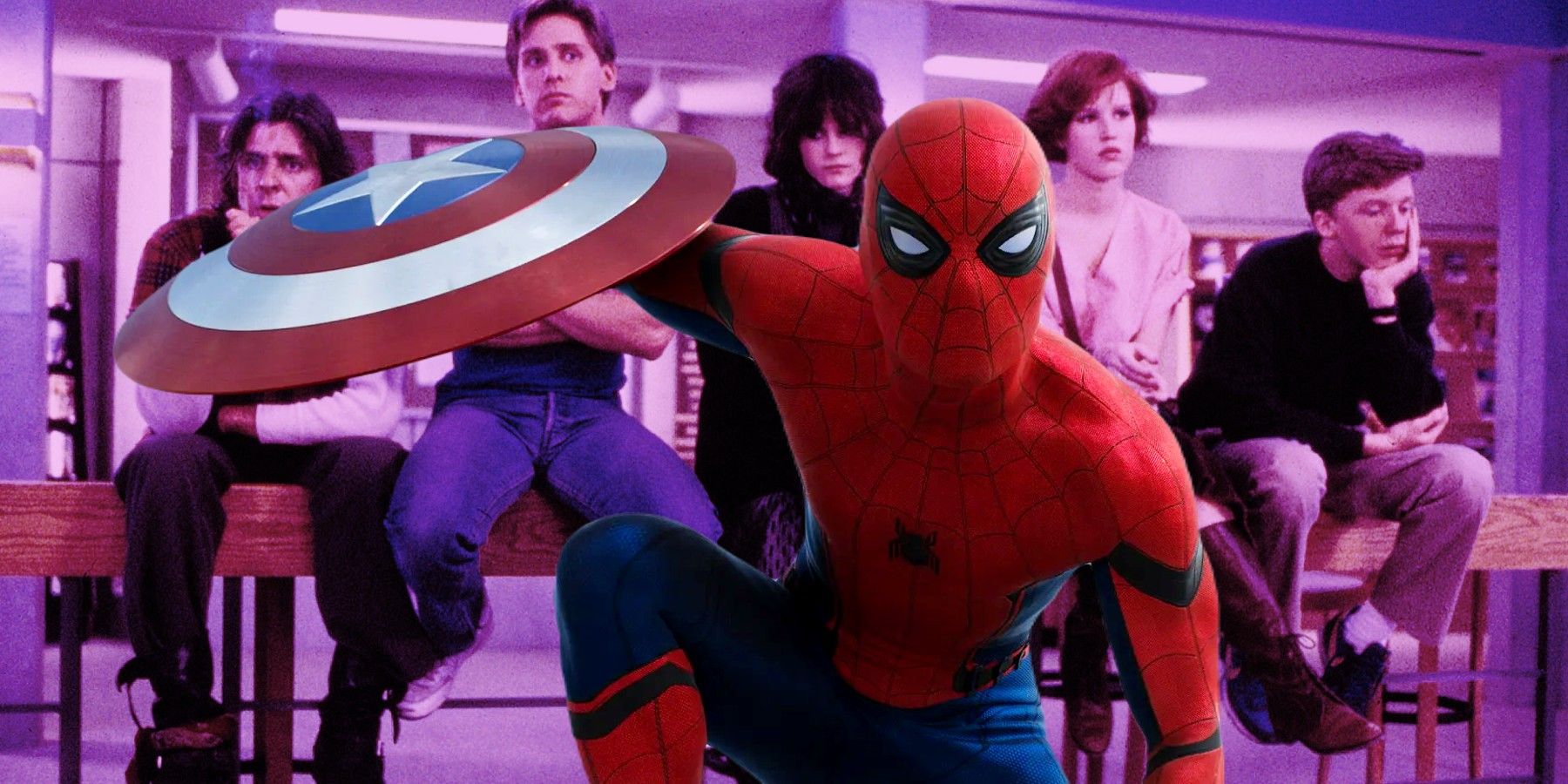 Spider-Man from Captain America: Civil War in front of an image of The Breakfast Club