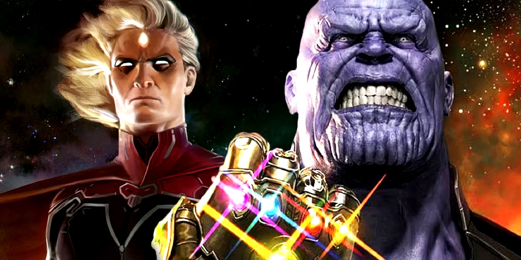 MCU Thanos com a Manopla do Infinito e Adam Warlock