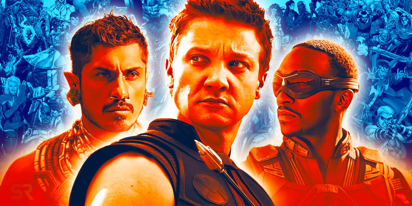 mcu heroes nothing like the comics, blended image with Namor from Wakanda Forever, Jeremy Renner as Hawkeye, and Anthony Mackie As Falcon