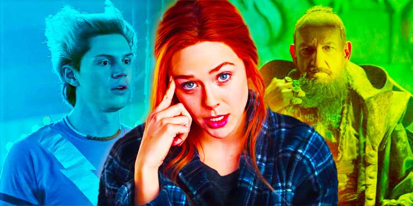 Split image of Evan Peters' Ralph Bohner, Elizabeth Olsen's Wanda Maximoff, and Ben Kingsley's Trevor Slattery
