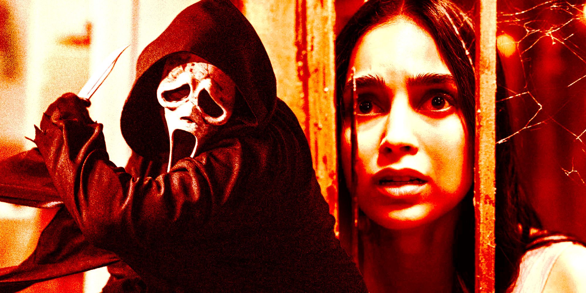 A split image of Ghostface swinging a knife and Melissa Barrera as Samantha Carpenter looking scared behind bars in Scream