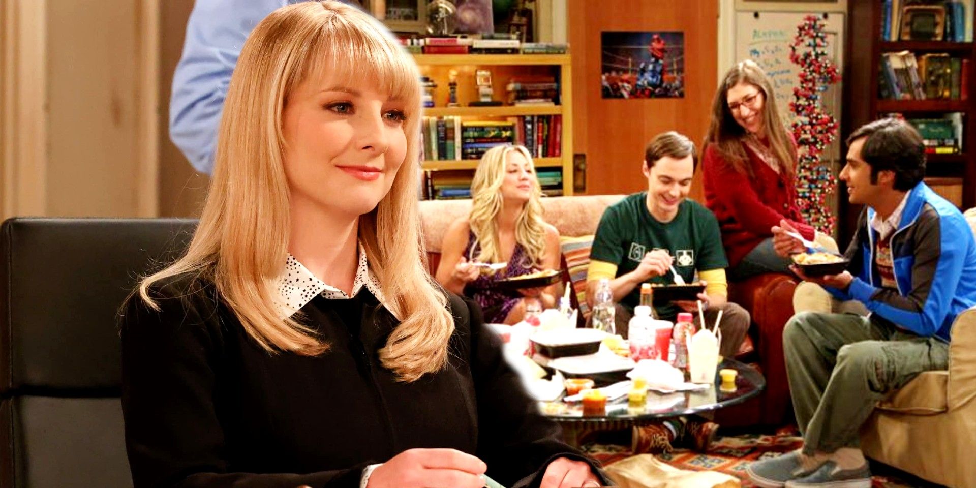 Melissa Rauch as Abby in Night Court and the cast of The Big Bang Theory