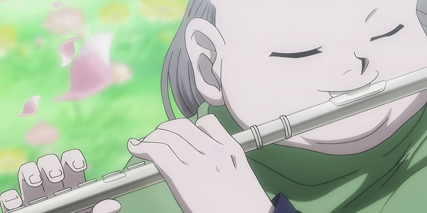 A woman closes her eyes and smiles as she plays the flute in Hunter x Hunter.