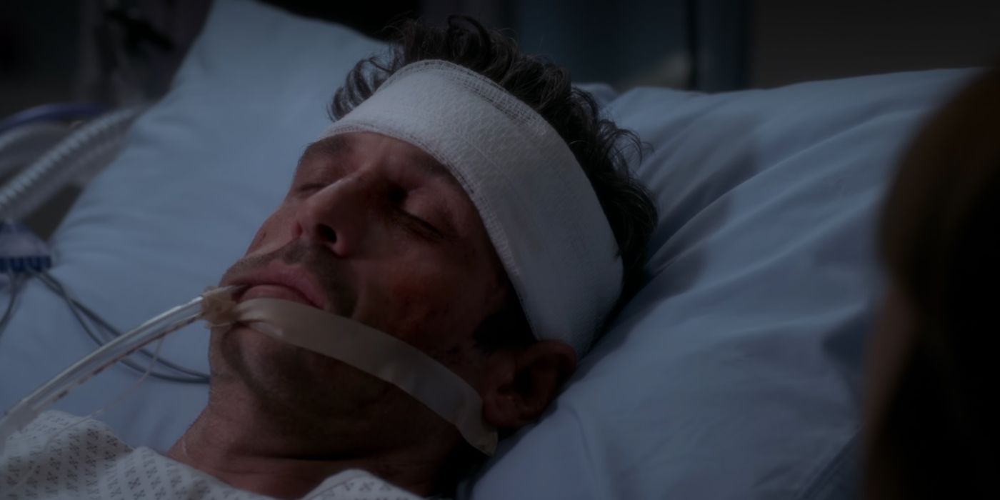 Meredith sitting beside Derek Shepherd's deathbed in Grey's Anatomy.