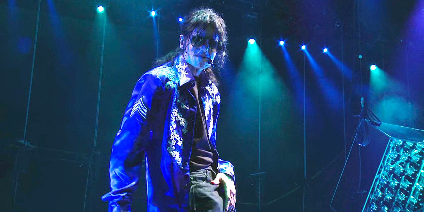 Michael Jackson performing on stage in a scene from Michael Jackson: This Is It!