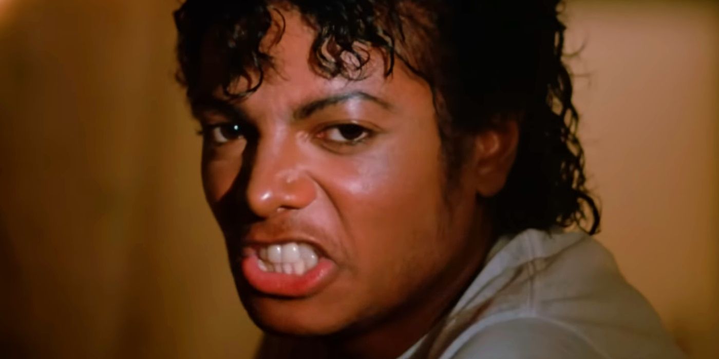 A young Michael Jackson snarling in the Beat It Music Video