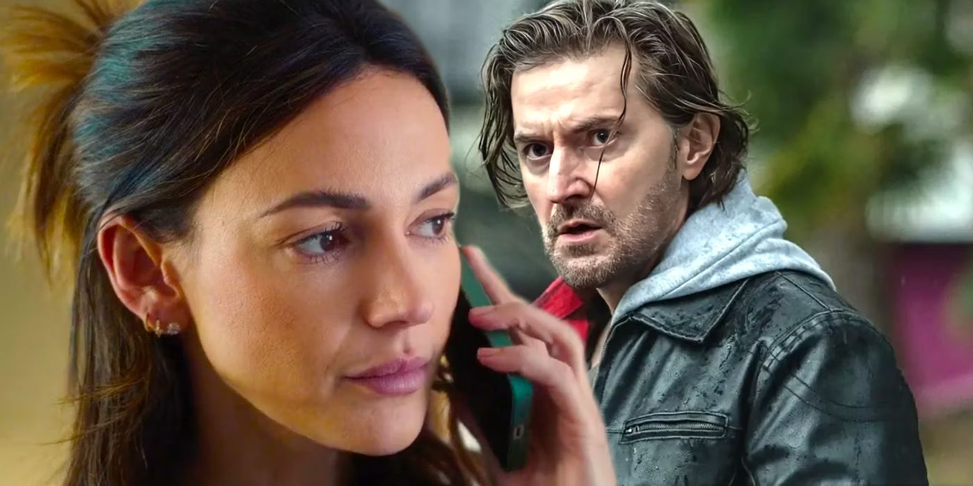 Michelle Keegan as Maya Stern talking on the phone and Richard Armitage as Joe looking concerned in Fool Me Once