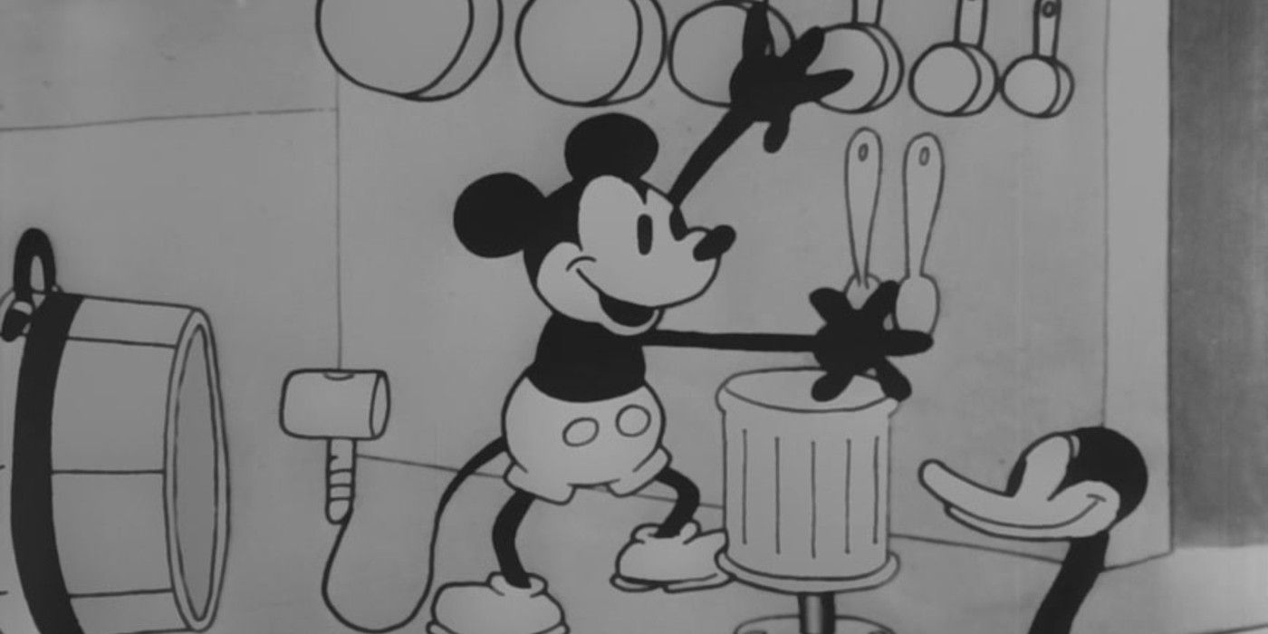 Mickey Mouse holding his hands out in what looks like a kitchen in the Steamboat Willie animated short