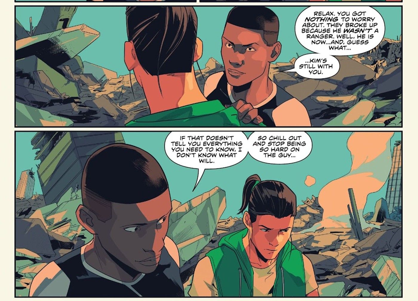 panels from Mighty Morphin #14, Black Ranger Zack Taylor talks some sense into White Ranger Tommy Oliver.