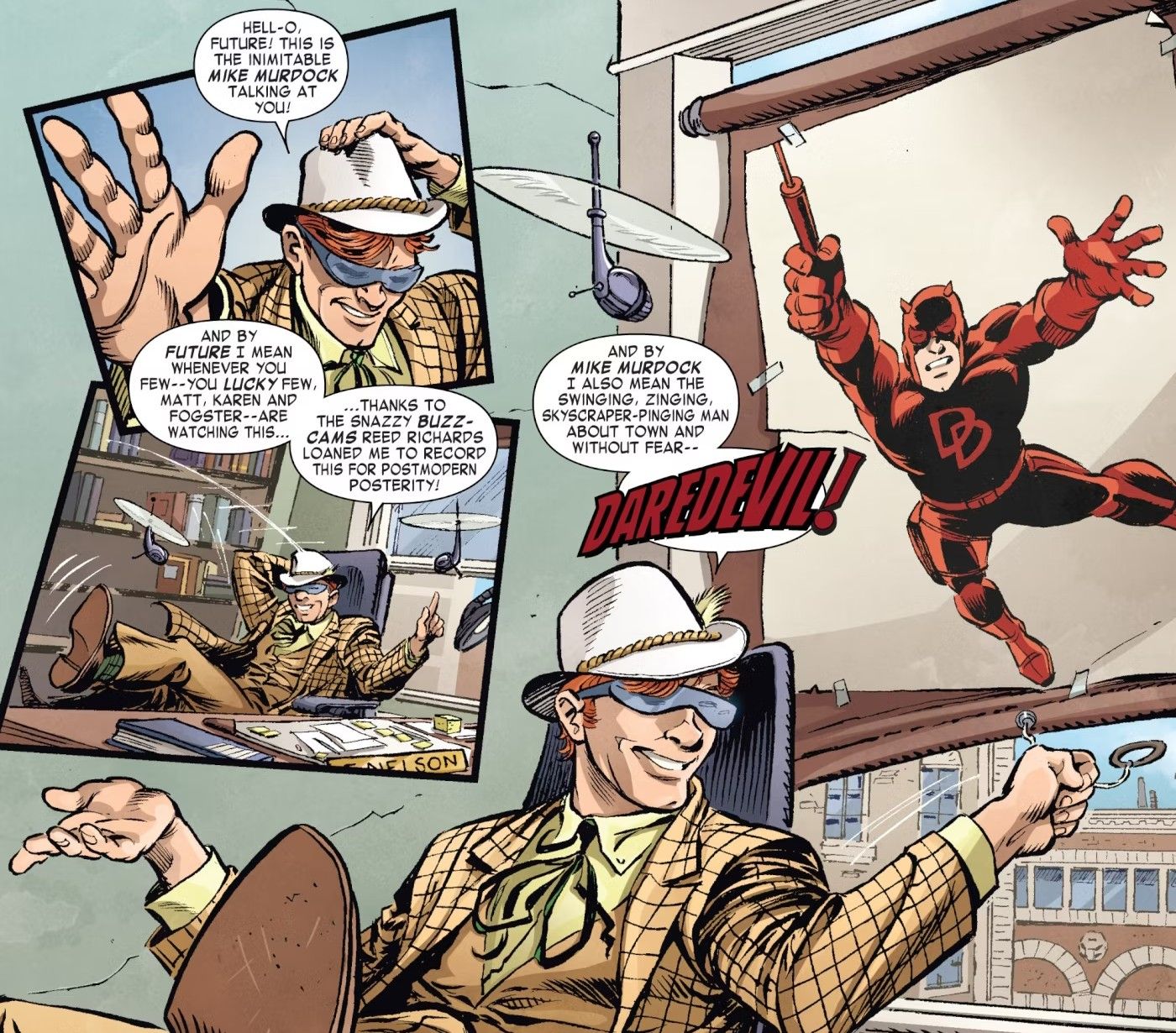 Comic book panels: Man in a beige suit talks to the camera with an image of Daredevil behind him.