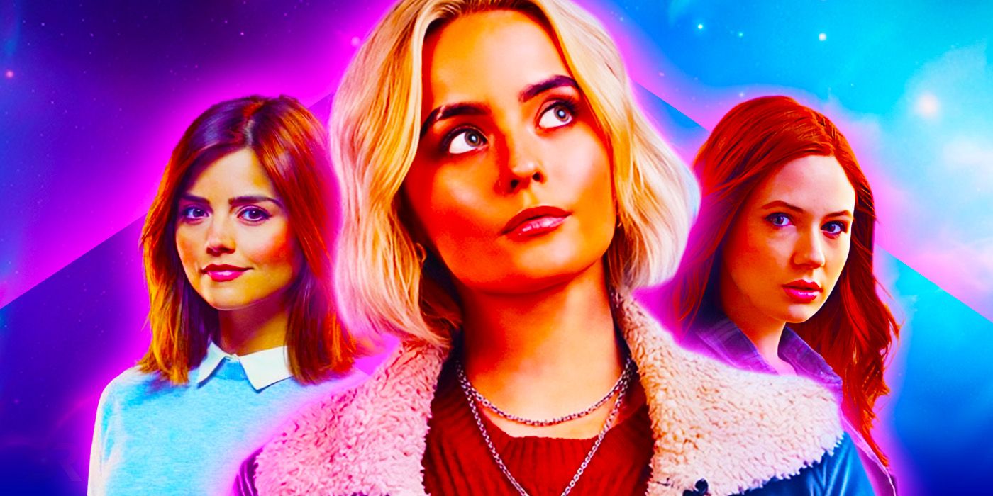Millie Gibson as Ruby, Karen Gillan as Amy, and Jenna Coleman as Clara in Doctor Who