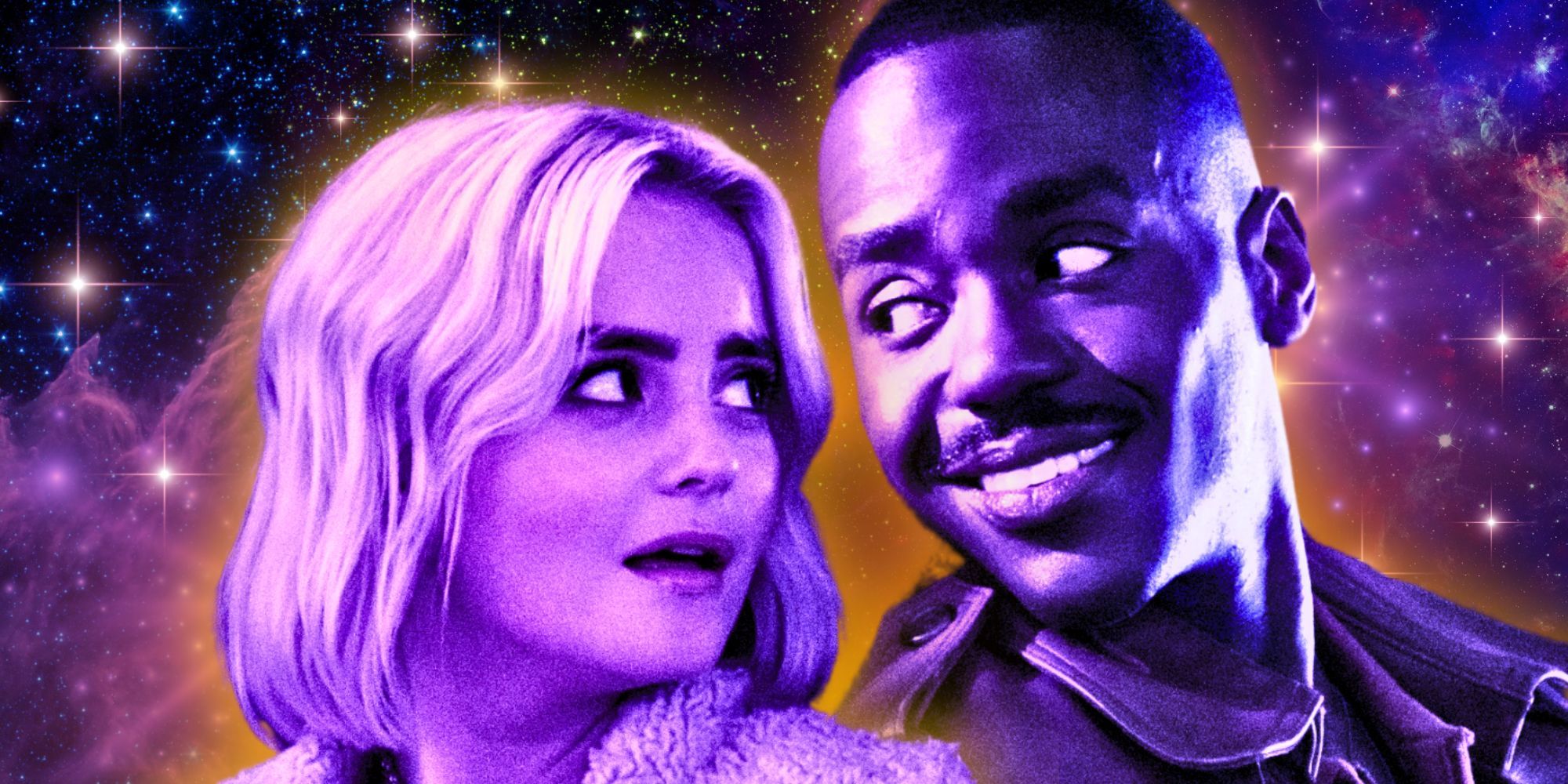 This collage shows Ruby Sunday and the Doctor from Doctor Who in front of the stars.