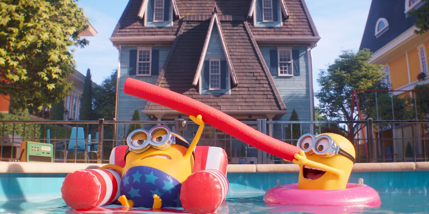 Minions goofing around in the pool from the Despicable Me 4 movie trailer