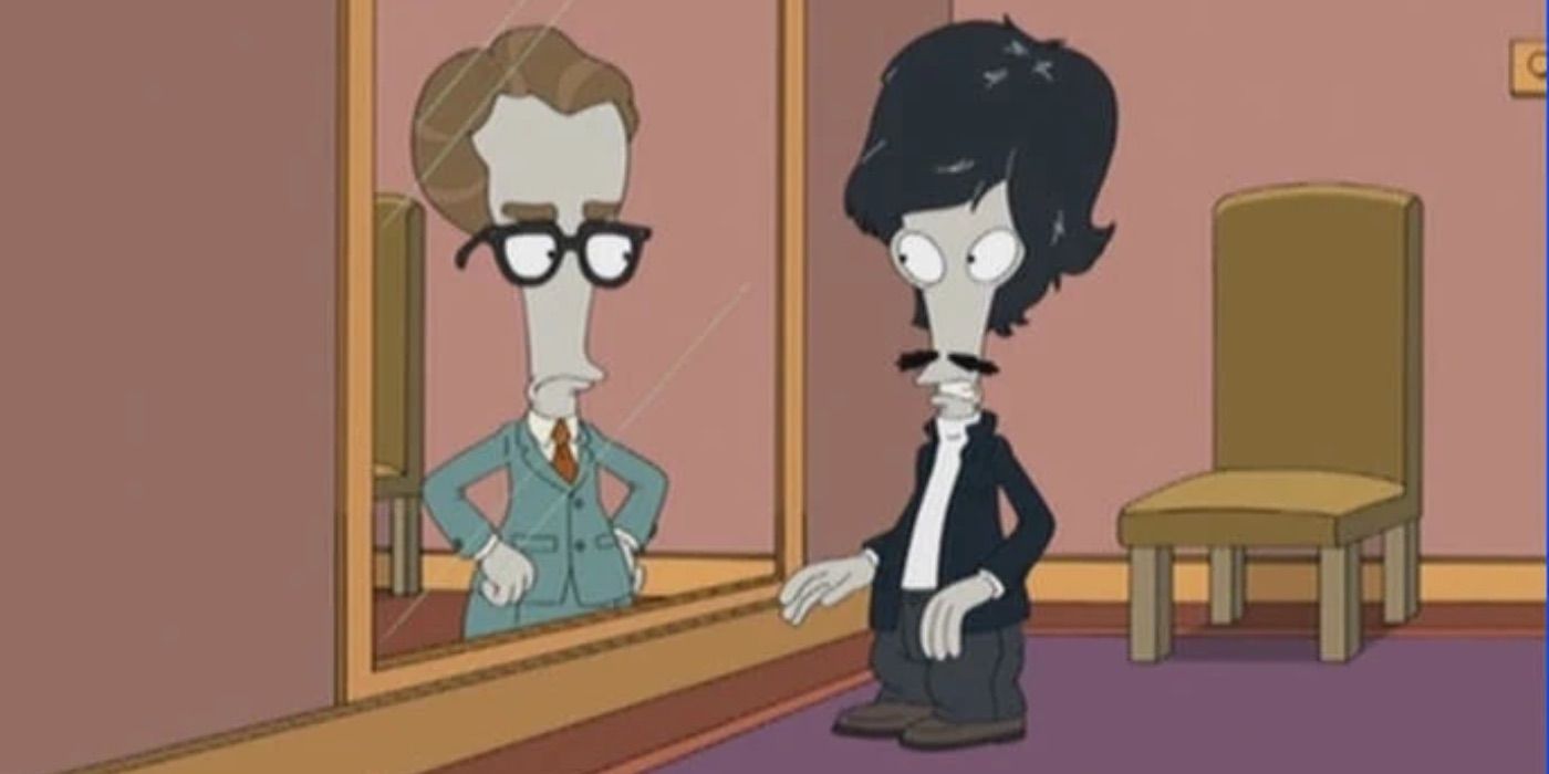 Roger looks at a different version of himself in the mirror in American Dad