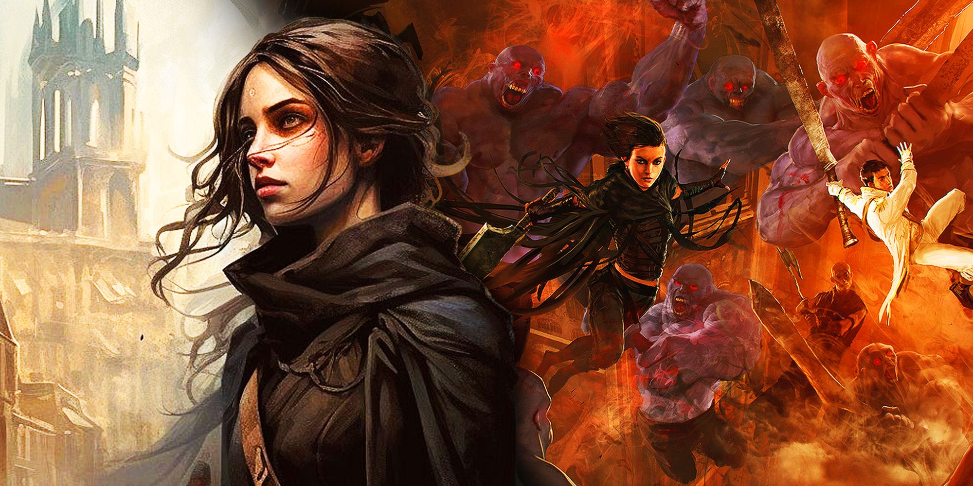 A split image of artwork of Vin from Mistborn looking up and Vin and Elend fighting the Koloss