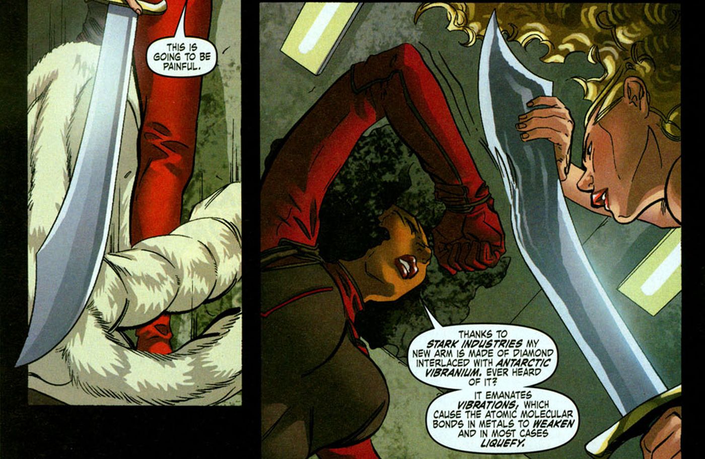 Iron Man (Vol. 4) #12, Misty Knight explains that her Antarctic Vibranium arm works through destabilizing vibrations and liquefies metal.