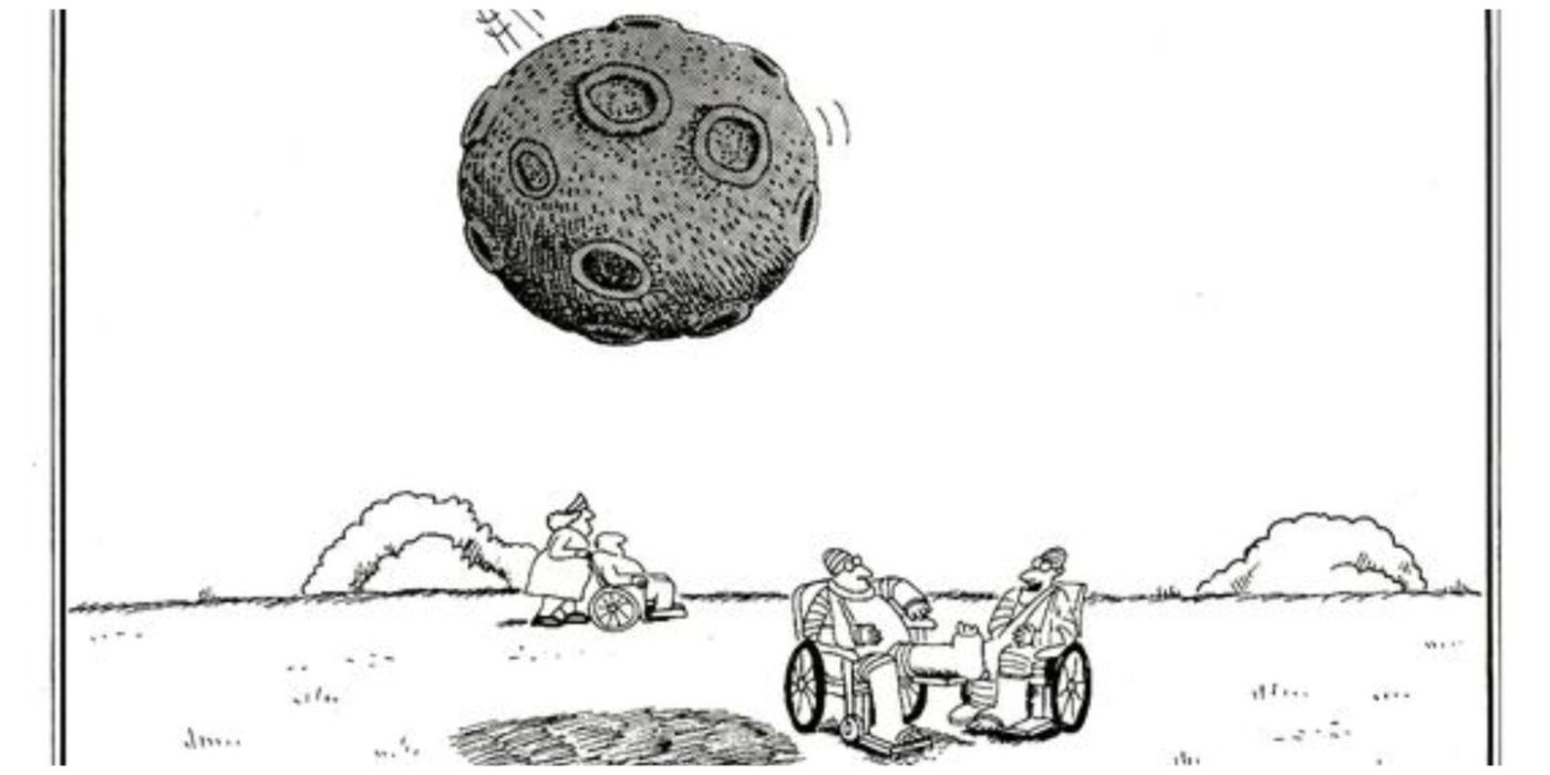 An asteroid about to hit two men in wheelchairs in the Far Side.