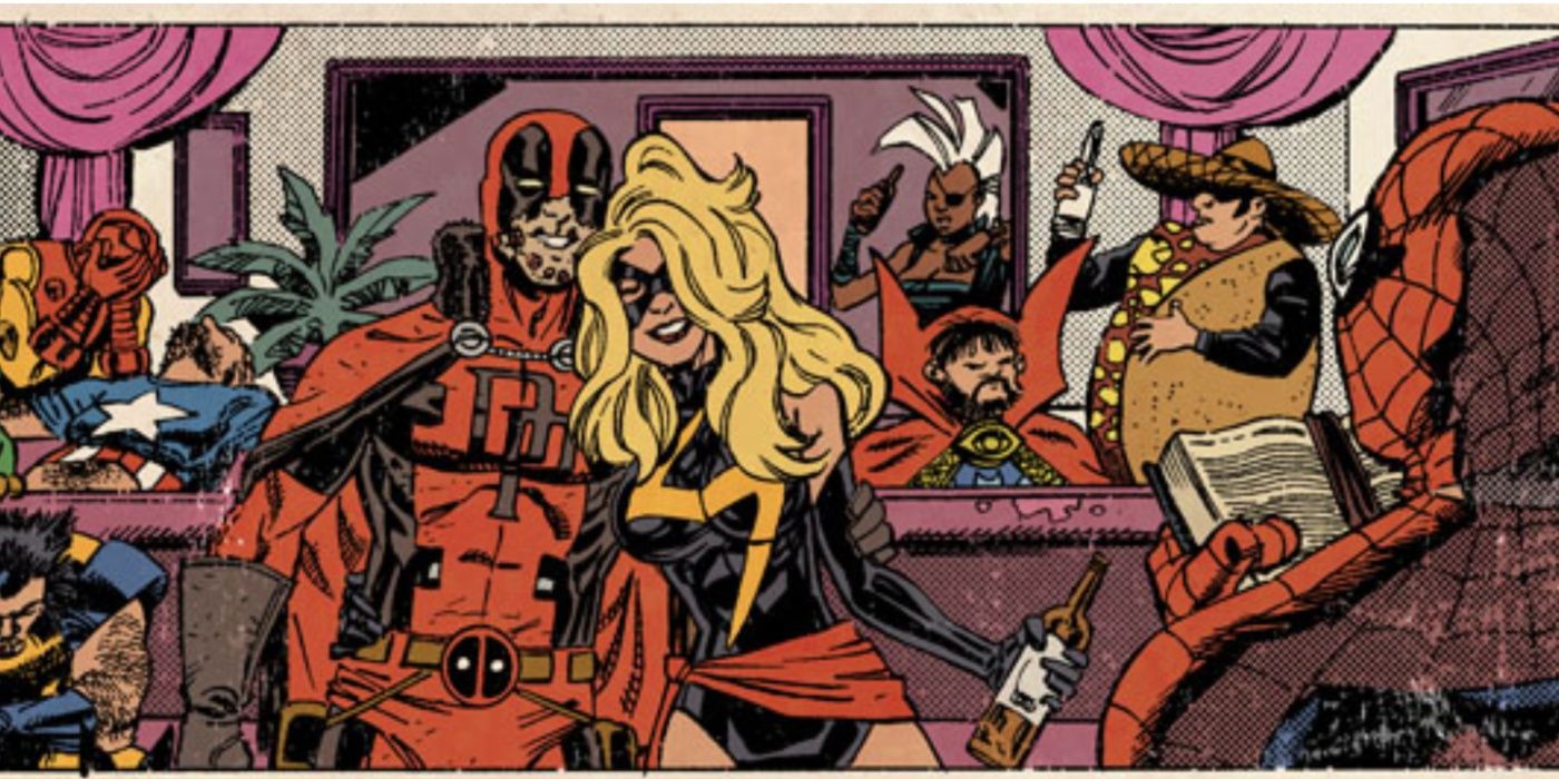 Deadpool and Carol Danvers drunk.