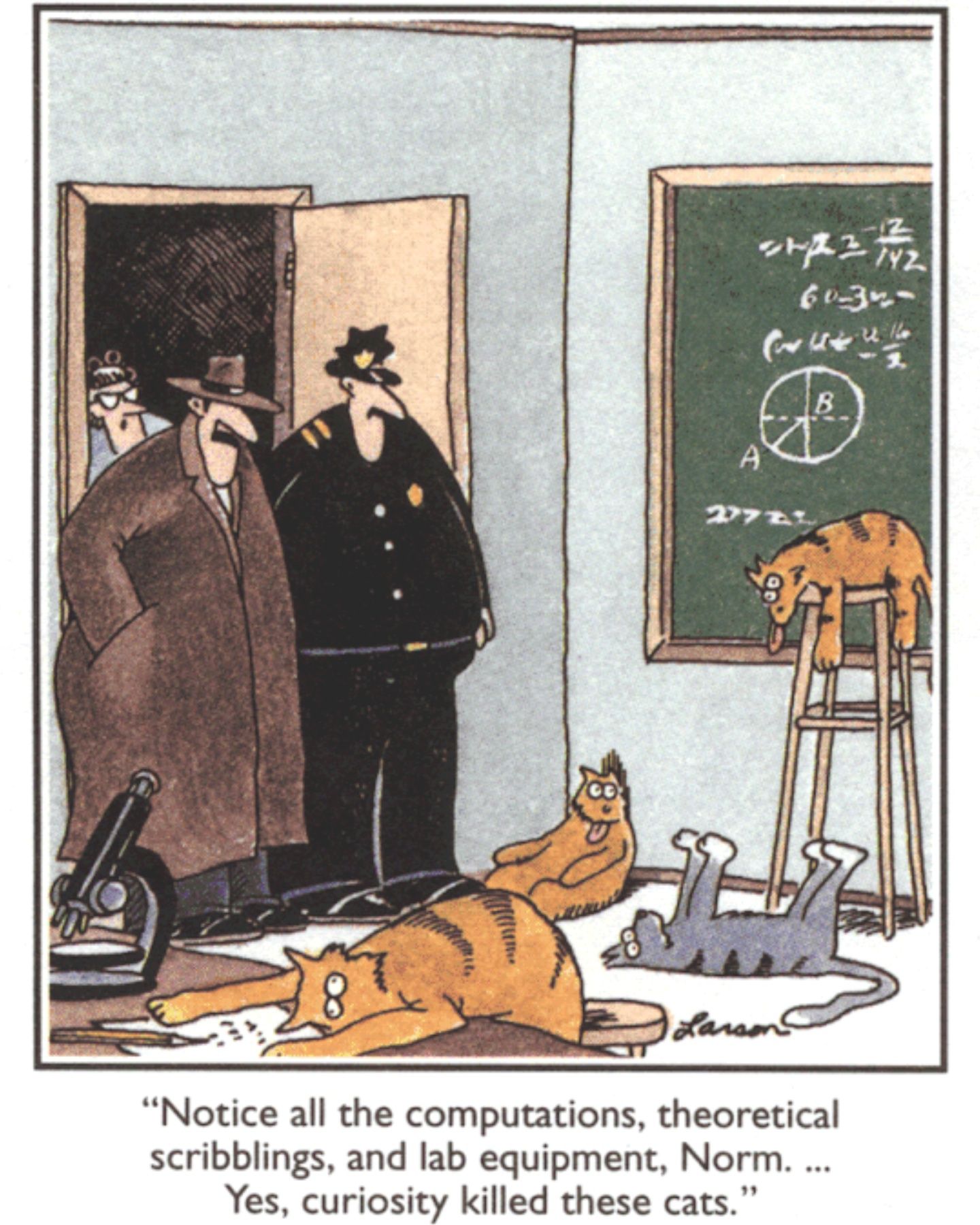 Cats killed by curiosity in the Far Side.