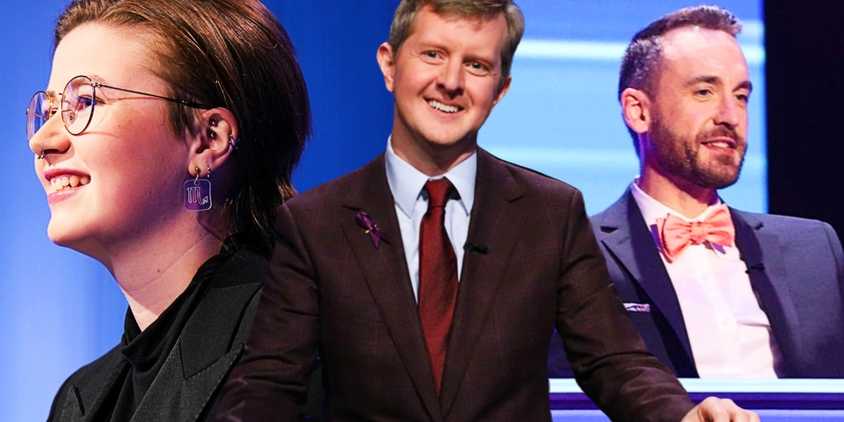 Blended image of Brad Rutter, Mike Jennings, and Mattea Roach on Jeopardy