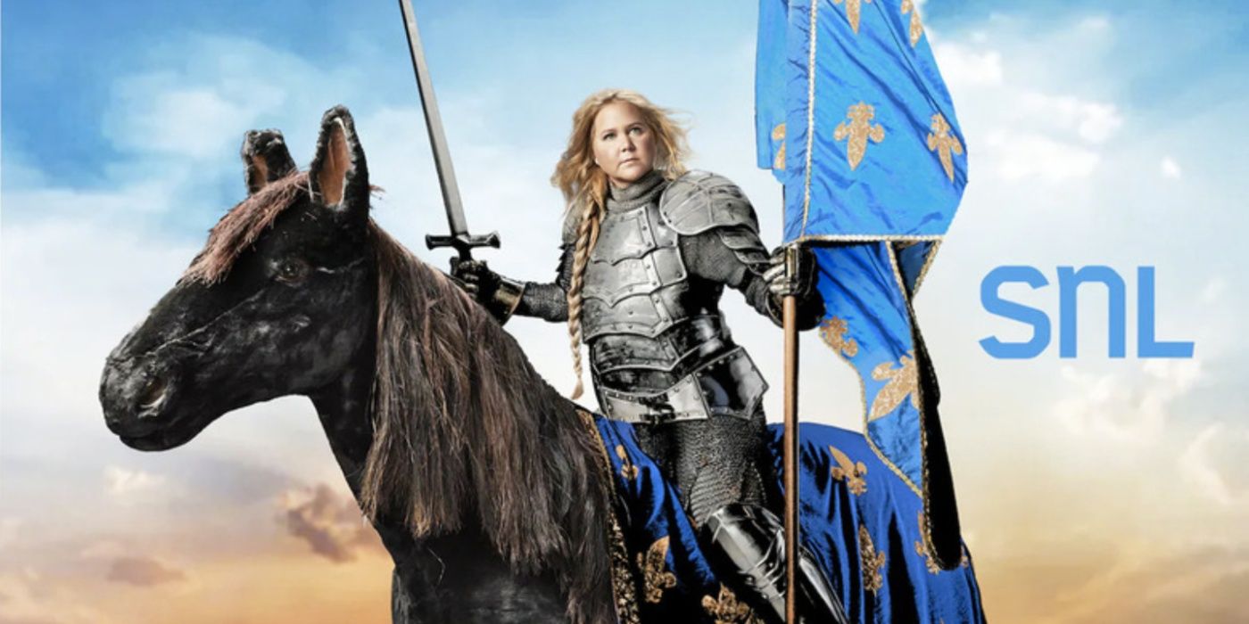 Amy Schumer on a horse and wearing knight's armor on an SNL poster