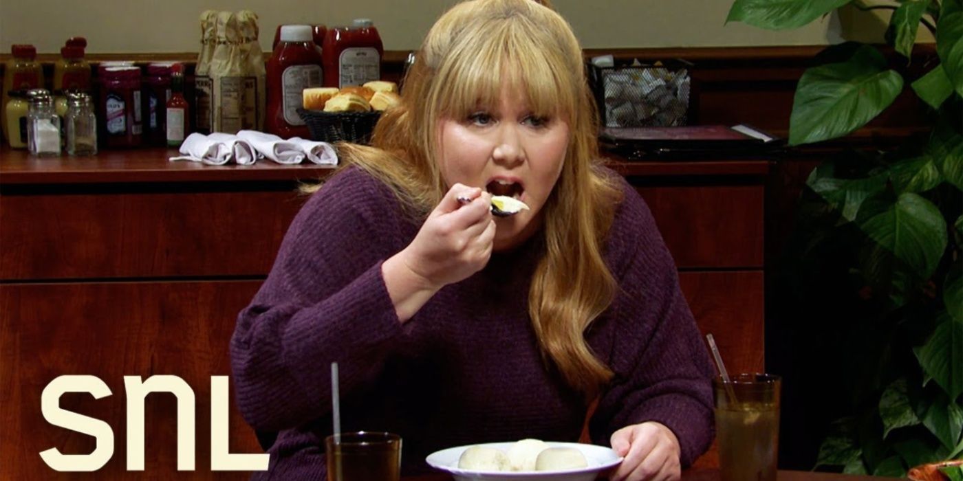 Amy Schumer eating soup on Saturday Night Live