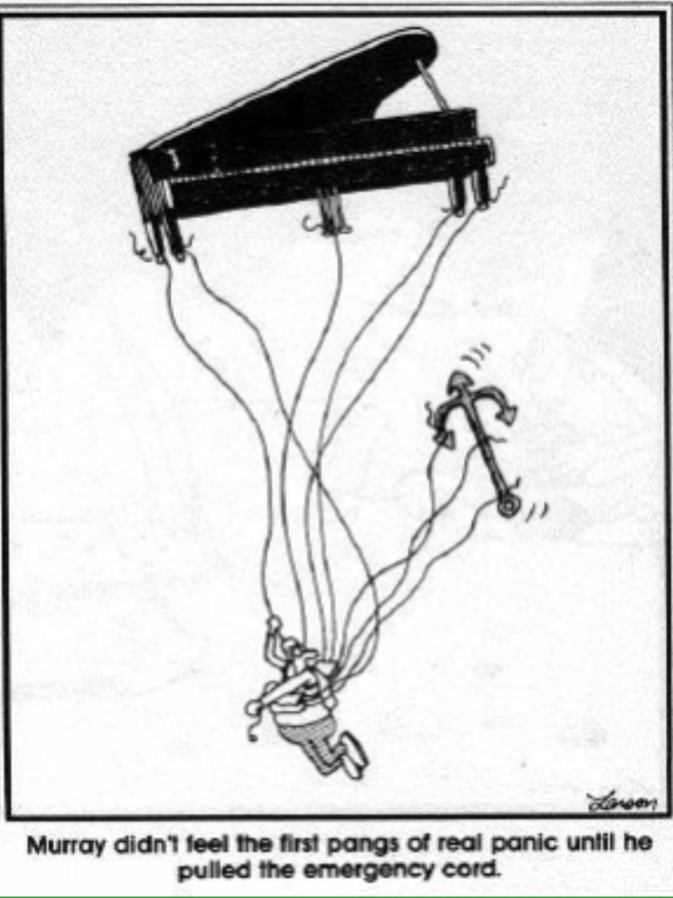 Man falling with a piano parachute in The Far Side.