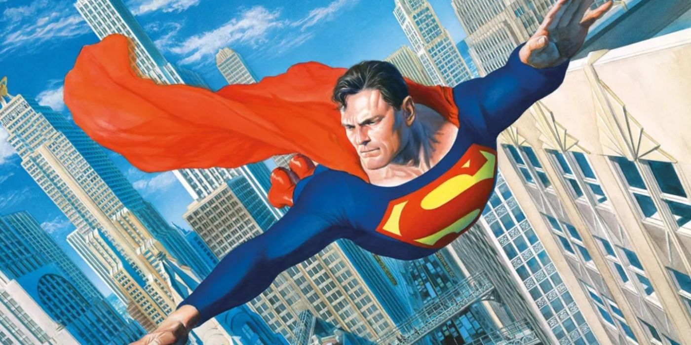 Superman pode ser visto voando pelos céus de Metrópolis em imagem desenhada por Alex Ross na DC Comics