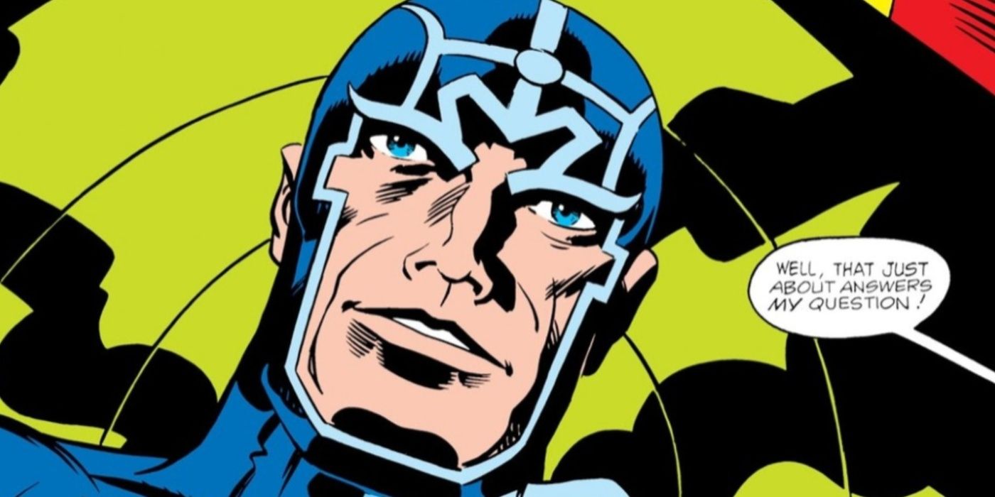 Metron sits in his Mobius Chair in New Gods as someone speaks off-panel
