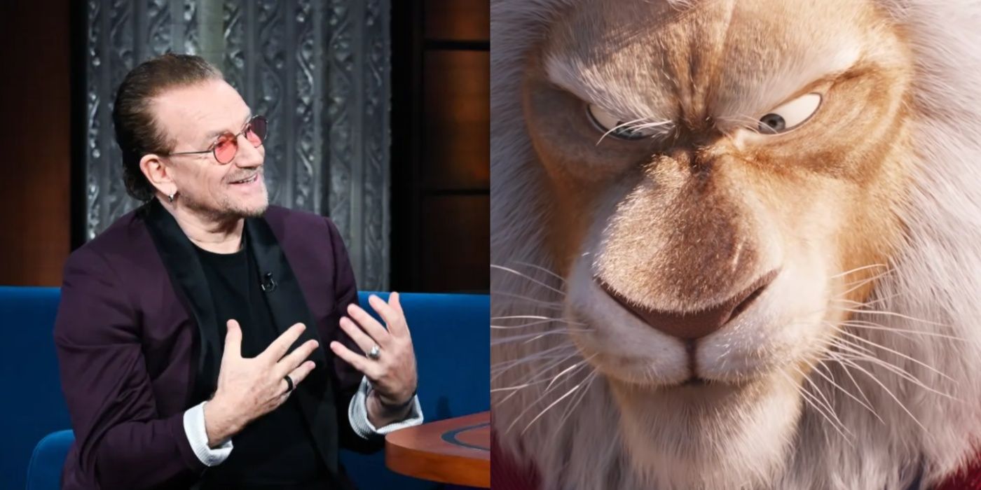 Split image of Bono on Late Night TV and Clay in Sing 2