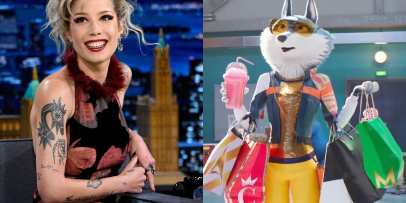 Split image of Halsey on Late Night TV and Porsha Crystal in Sing 2