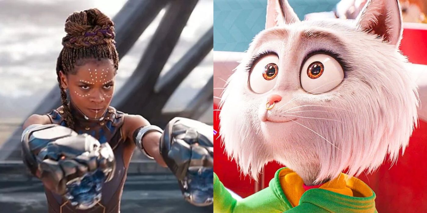 Split image of Letitia Wright in Black Panther and Noosh in Sing 2