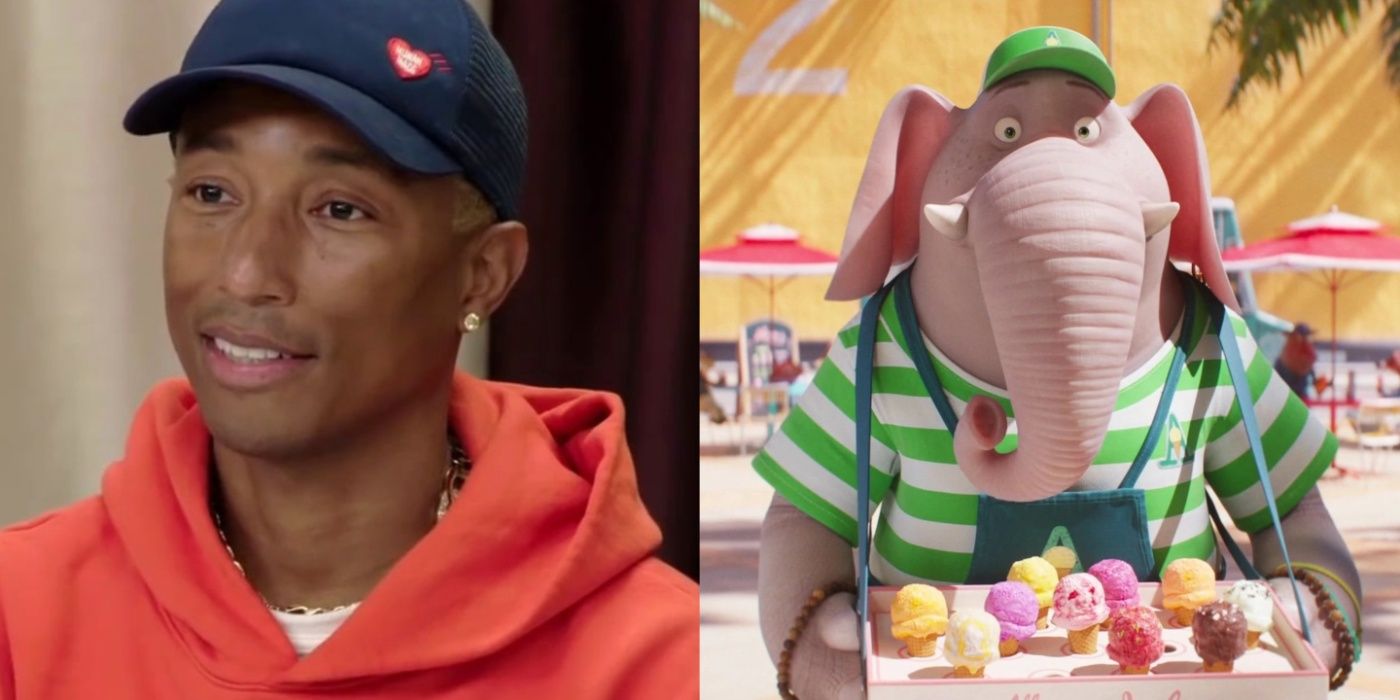 Split image of Pharrell Williams in Voices of Fire and Alfonso in Sing 2