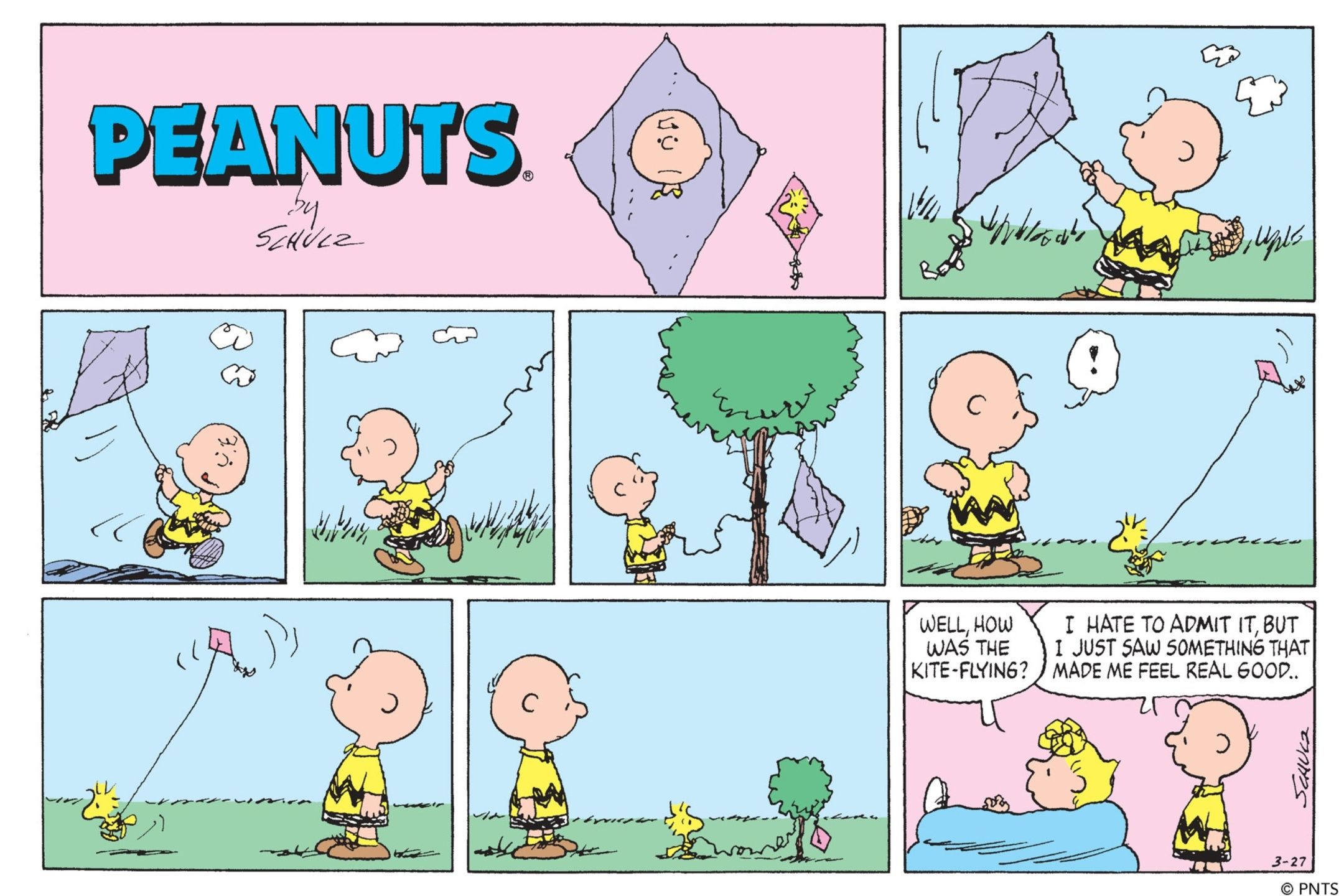 Charlie Brown, Sally, and Woodstock with a Kite Eating Tree in Peanuts.