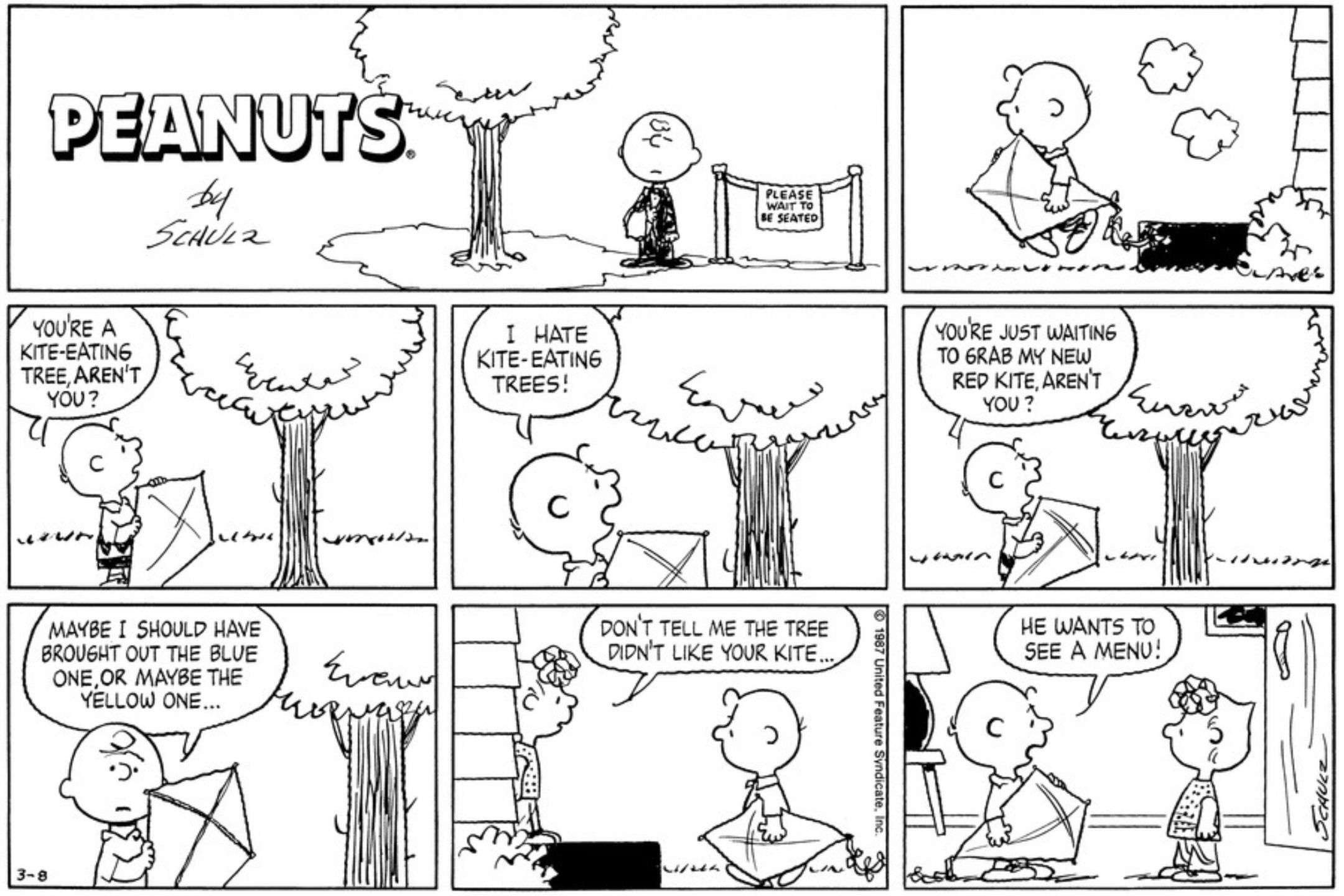 Charlie Brown with the Kite Eating Tree in Peanuts.