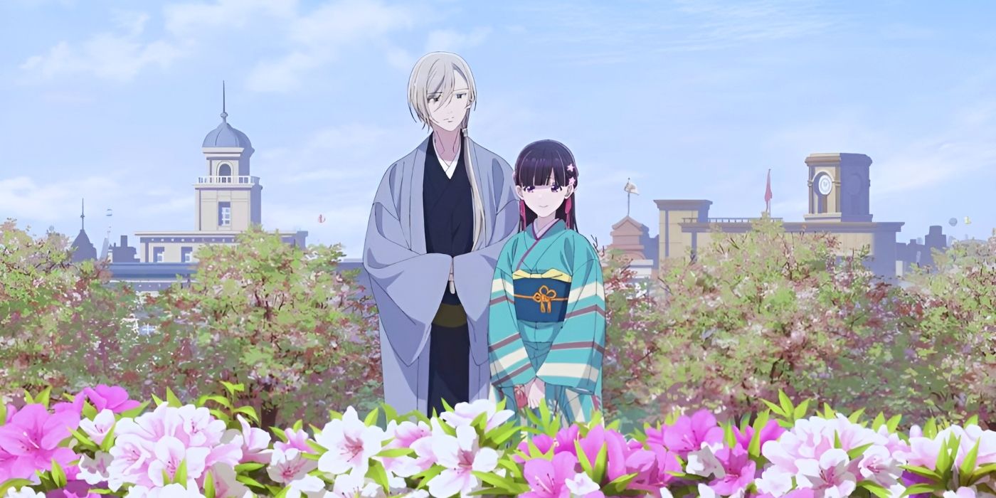 Miyo and Kiyoka stand side by side in a flower garden with smiles on their faces from My Happy Marriage.