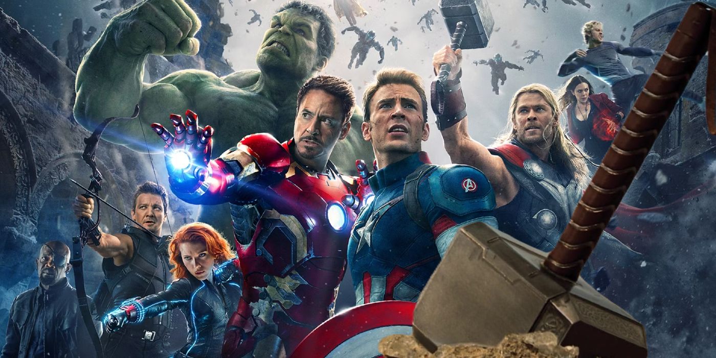 Split image of Mjolnir imposed over Avengers: Age of Ultron Poster