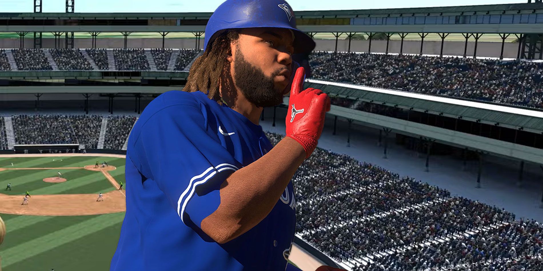 Vladimir Guerrero Jr. holding his finger up to his lips. 