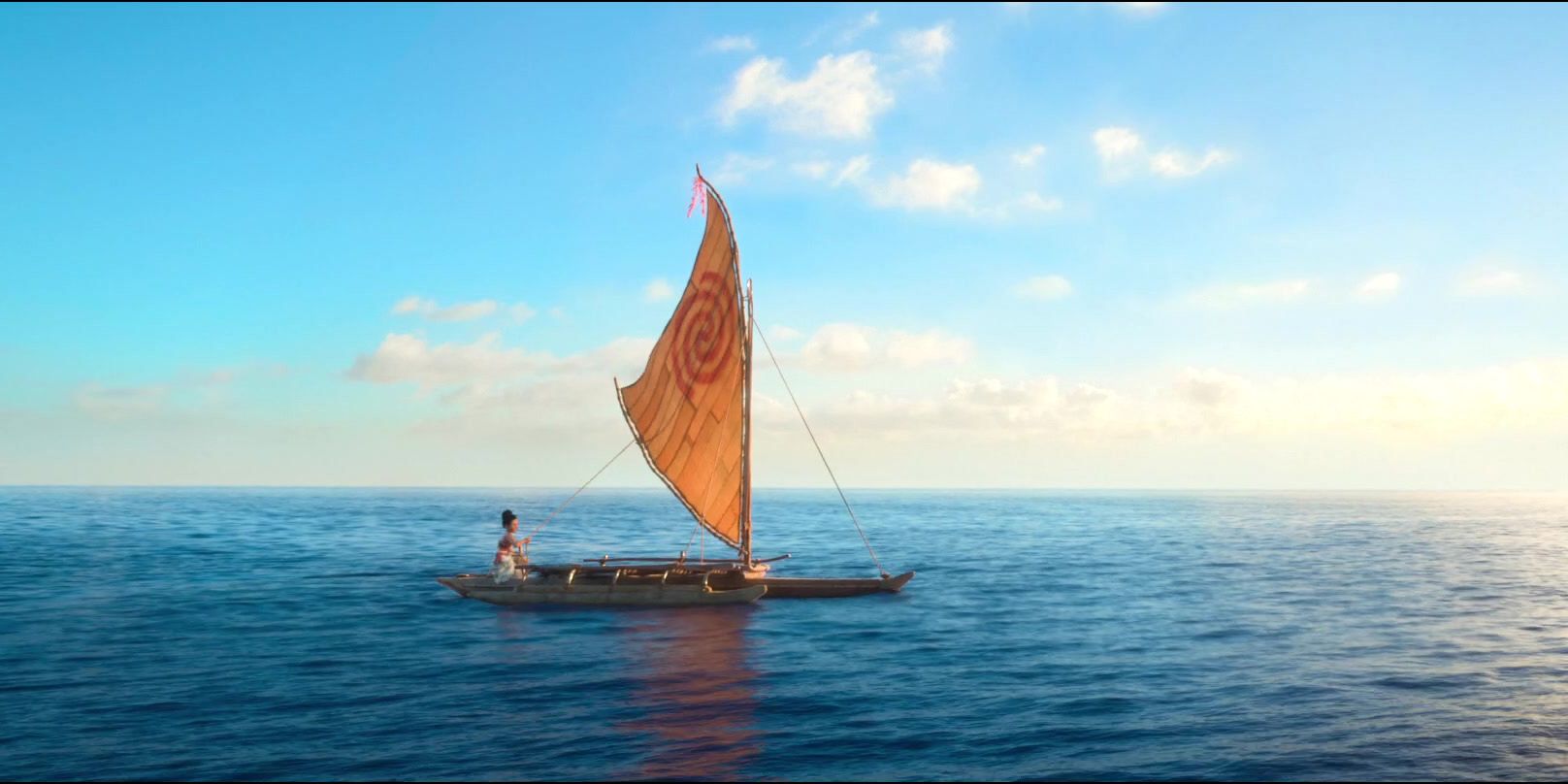 Moana on her boat surrounded by ocean in Moana
