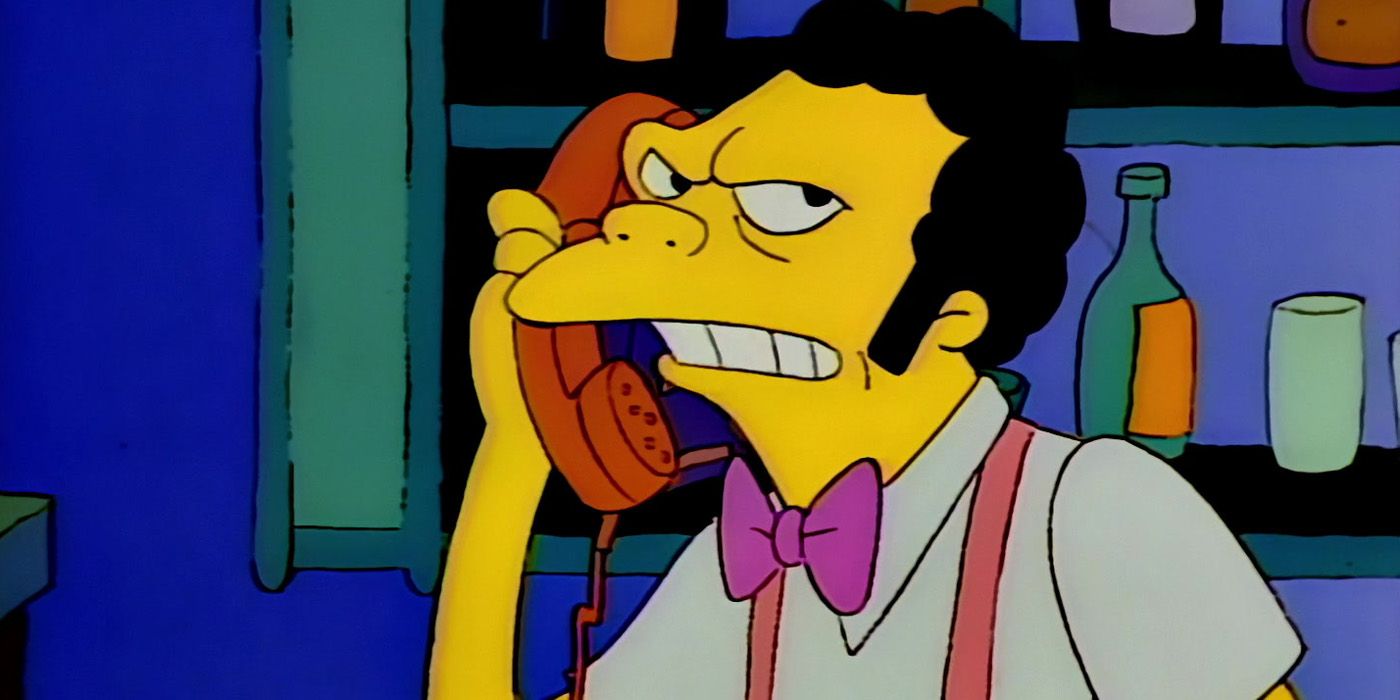 Moe looking angry while talking on the phone in The Simpsons
