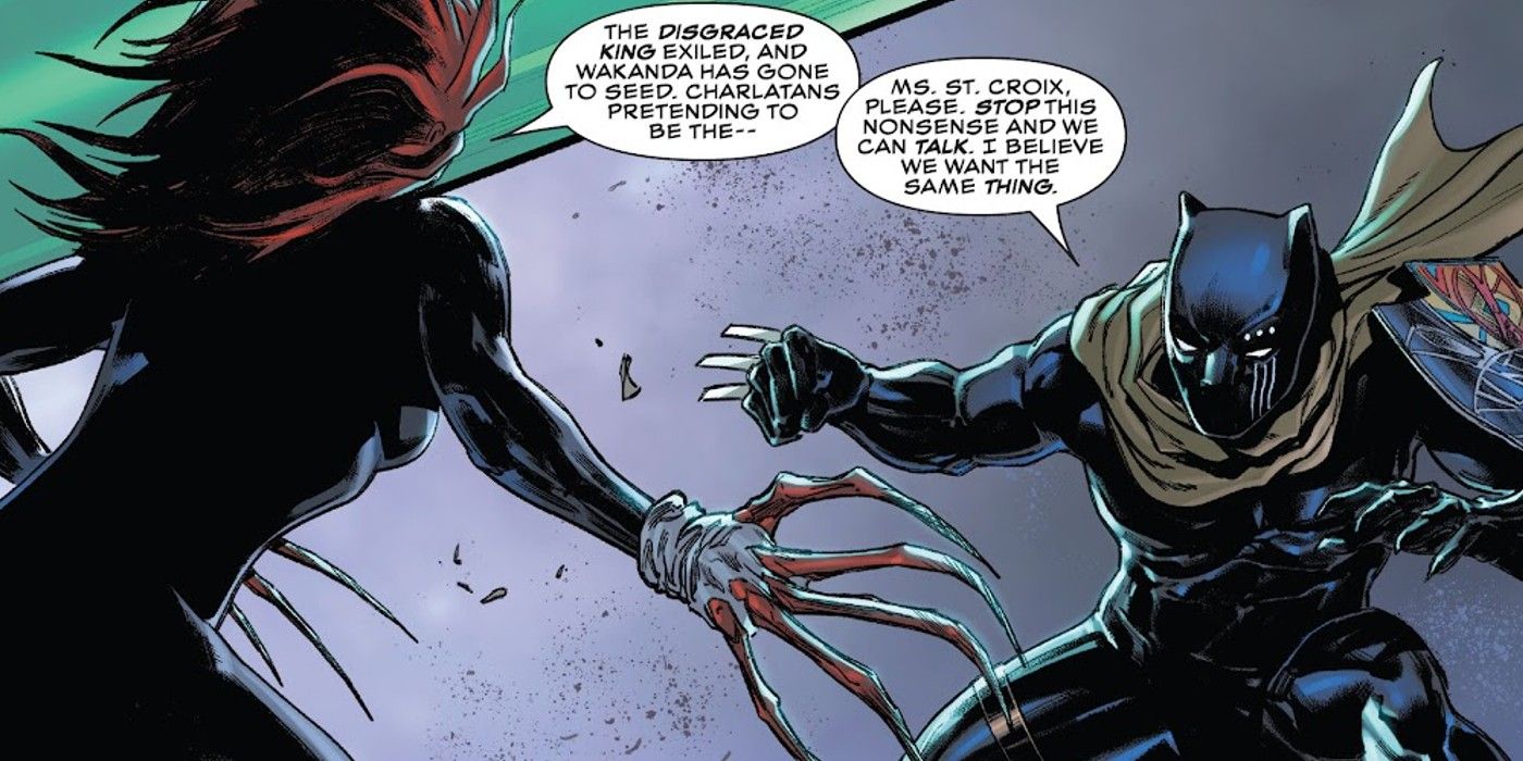panels from Black Panther #8, Monet St. Croix vs Black Panther staredown