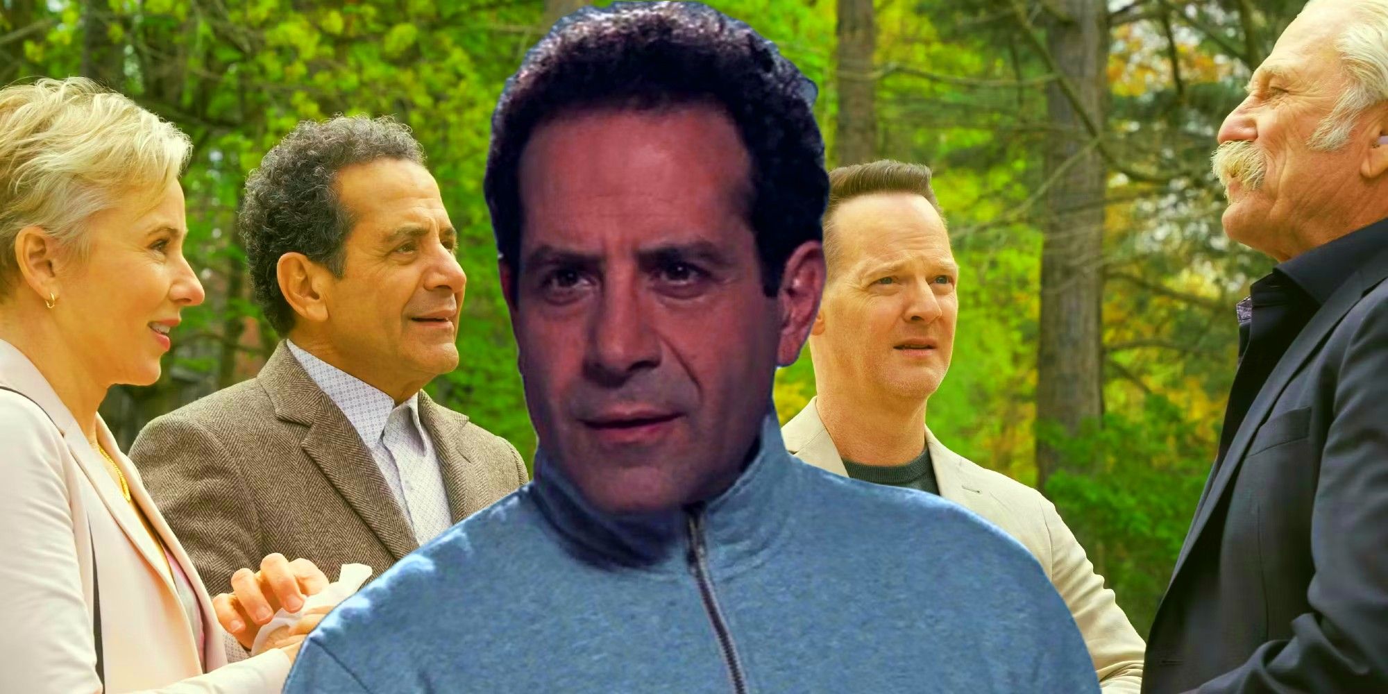 Adrian Monk (Tony Shalhoub) in Monk in front of Natalie Teeger (Traylor Howard), Randy Disher (Jason Gray-Stanford), and Leland Stottlemeyer (Ted Levine) in Mr. Monk’s Last Case: A Monk Movie