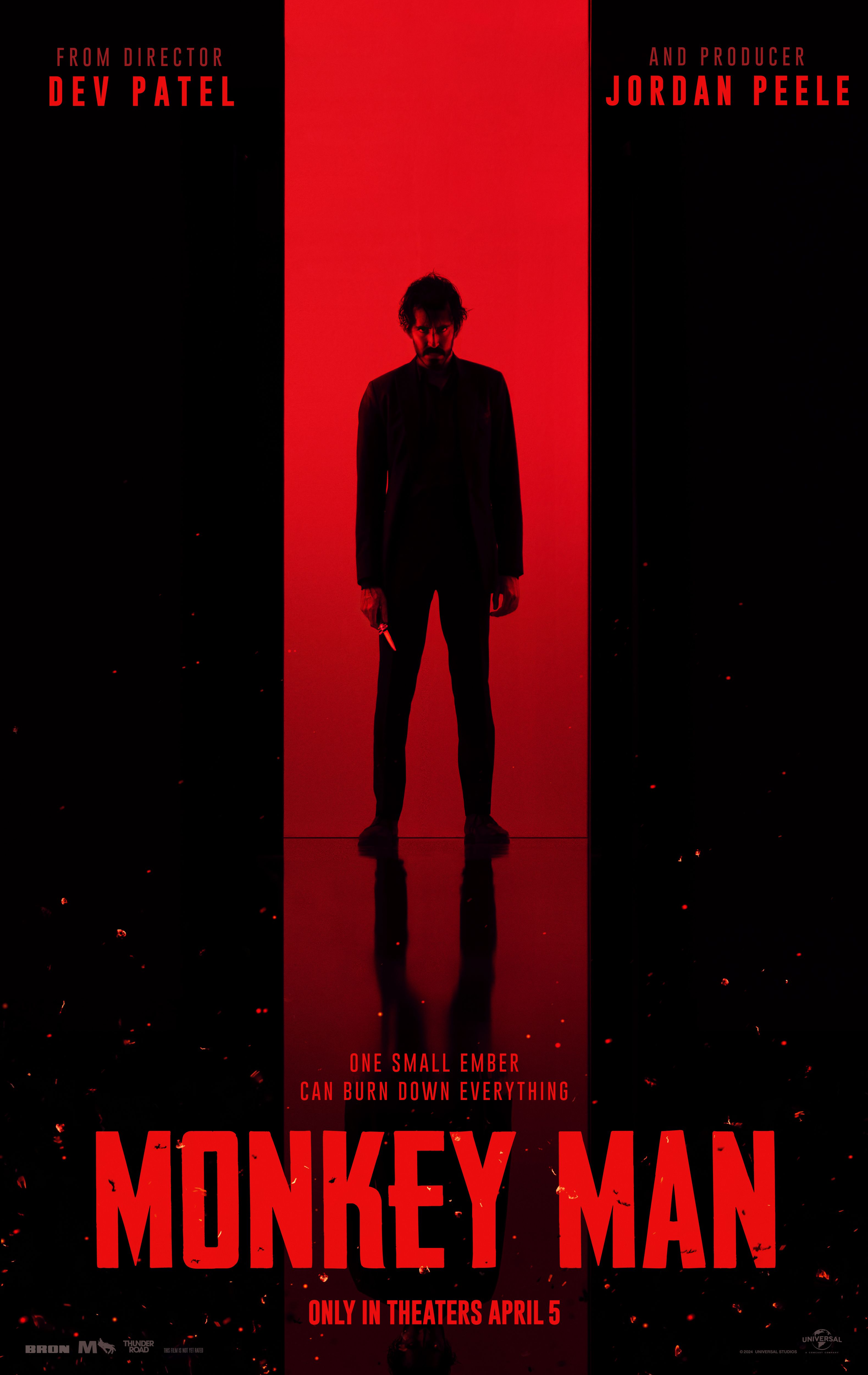 Monkey Man Trailer Showcases John Wick Like Action Rave Reviews   Monkey Man Poster Showing Dev Patel Holding A Knife In Front Of A Black And Red Background 