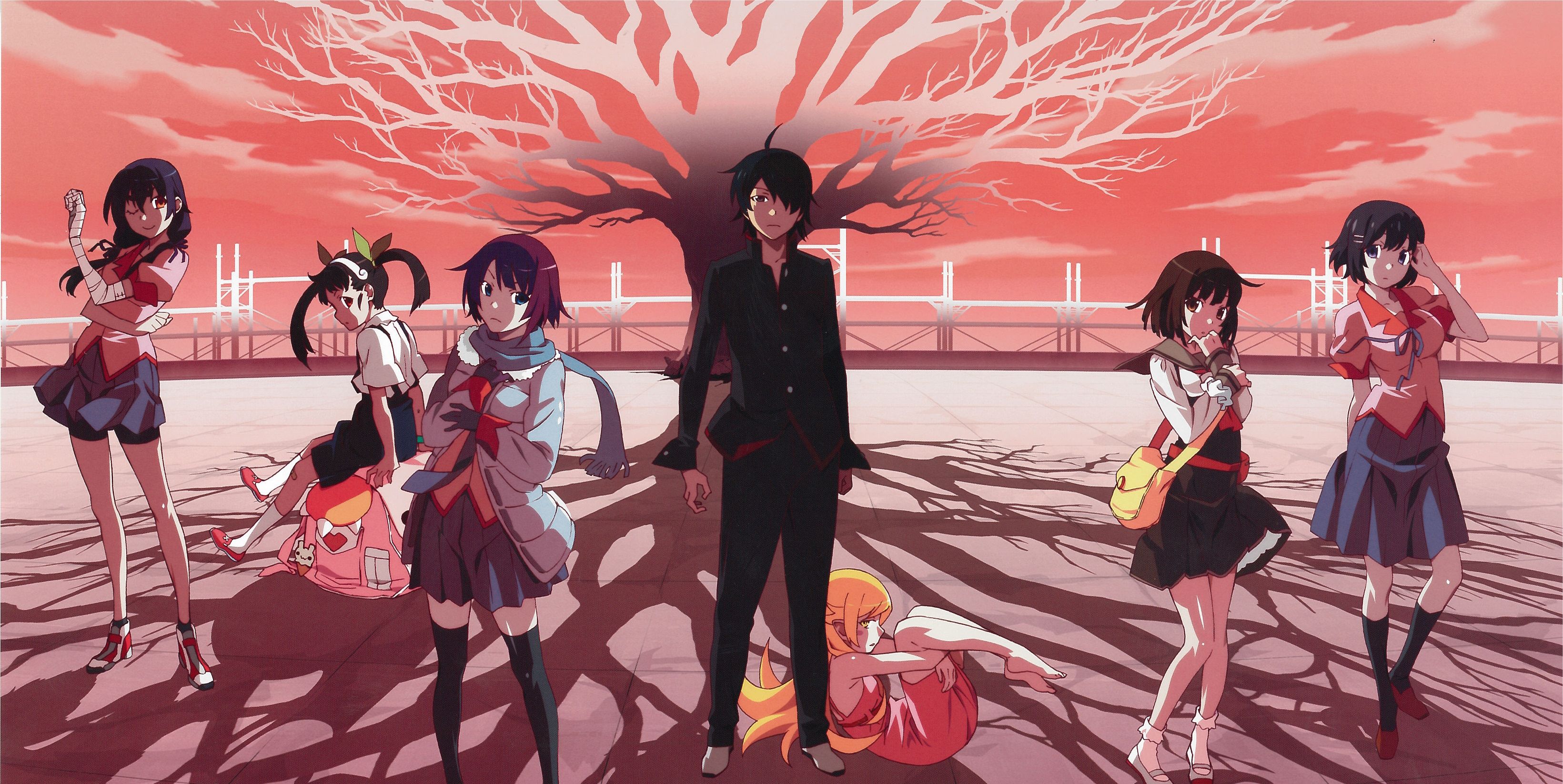 Koyomi Araragi, Hitagi Senjougahara, Mayoi Hachikuji, Suruga Kanbaru, Nadeko Sengoku, Shinobu Hanekawa e Tsubasa Hanekawa em frente a uma árvore e um pôr do sol vermelho